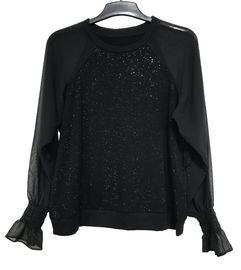 Black Color Long Sleeve Chiffon Shirt / Round Neck Blouse Cotton Material