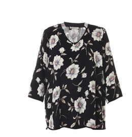Black Color Womens Plus Size Blouses Flower Print Ladies V Collar Shirt Neck