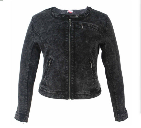 Black Denim Ladies PU Jackets Fitted Short Type With Zippers OEM Service